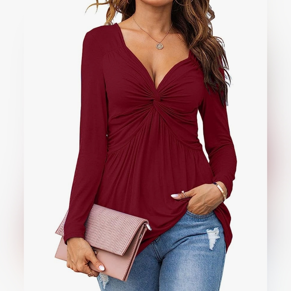 TANKANEO V-Neck Front Knotted Blouse Wine Red Size XXL